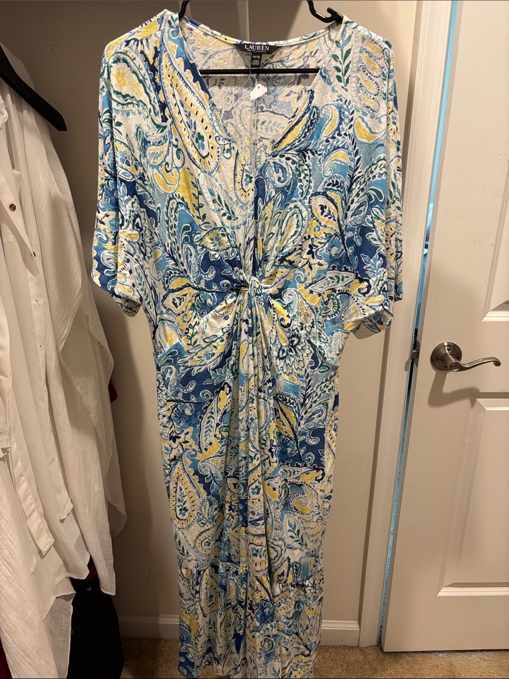 Lauren Ralph Lauren Blue and Yellow Paisley Twist-Front Maxi Dress